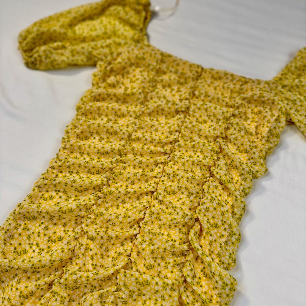 All In Favor Sasha Ruched Mini Dress Women's XS Yellow Puff Sleeve Coquette - Picture 9 of 16